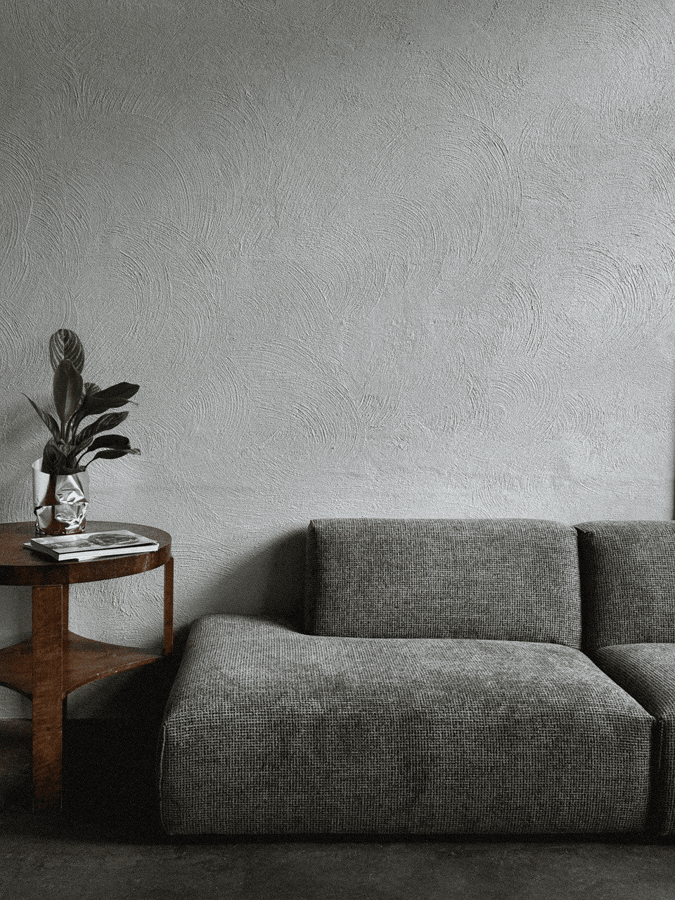 Minimalist living room with a gray sofa, wooden side table, and a potted plant.