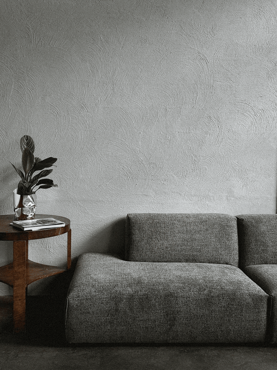 Minimalist living room with a gray sofa, wooden side table, and a potted plant.